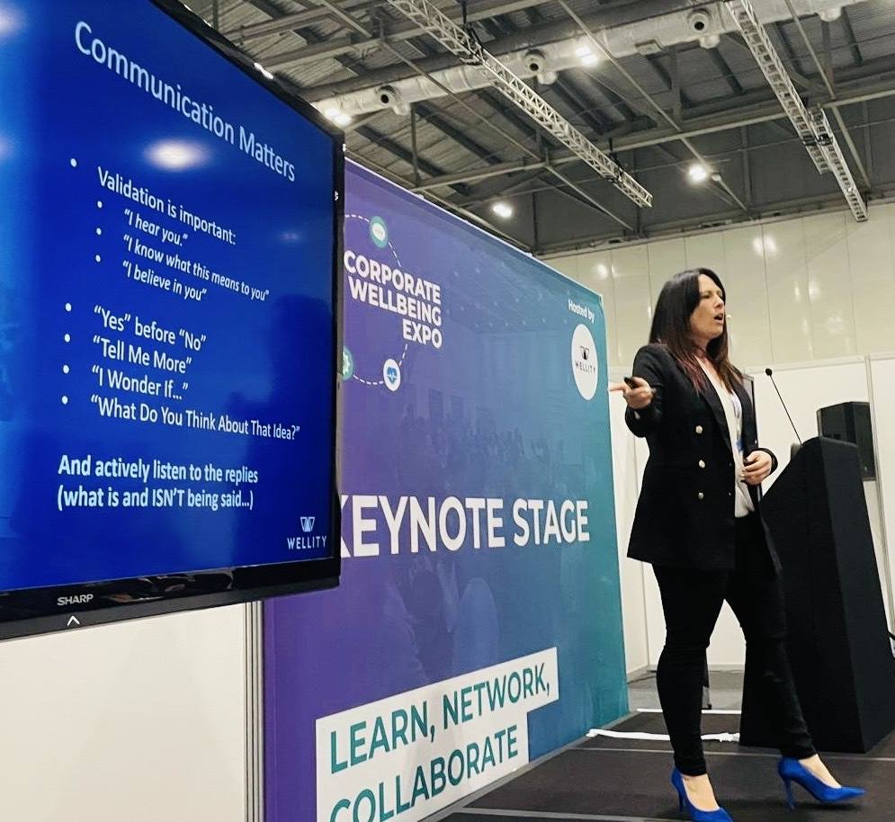 Sadie delivering a keynote at the Corporate Wellbeing Expo